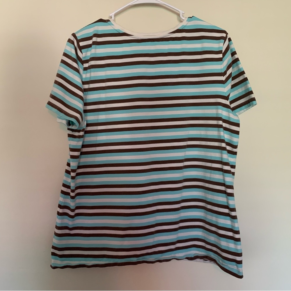 Women’s Large SPORT SAVVY Vintage Brown Aqua White Striped Stretchy Casual Tee - Picture 2 of 3